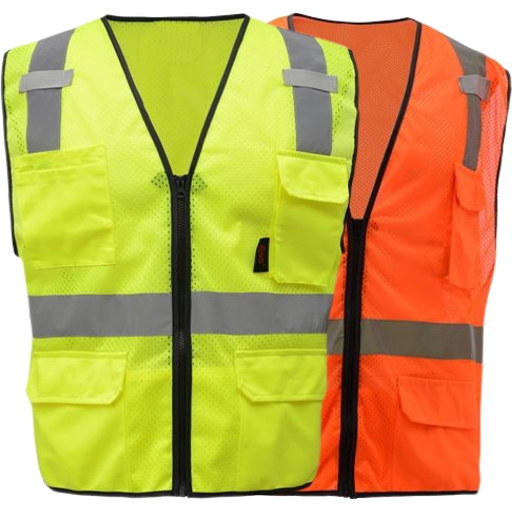 GSS Safety 1506 Multi-Purpose Class 2 Mesh Zipper 6 Pockets Safety Vest, Orange, Large