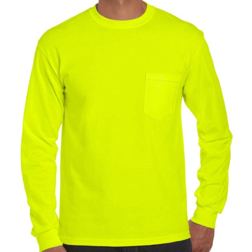 Small, Gildan, Long Sleeve Safety Green Pocket T-Shirt [2410]