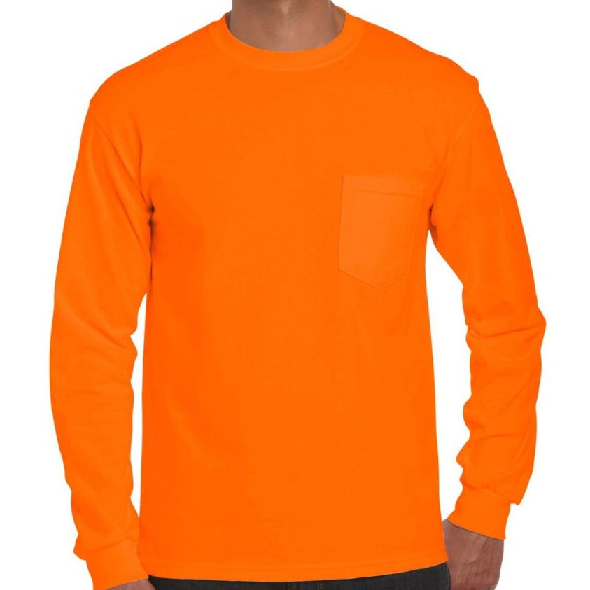 Small, Gildan, Long Sleeve Safety Orange Pocket T-Shirt [2410]